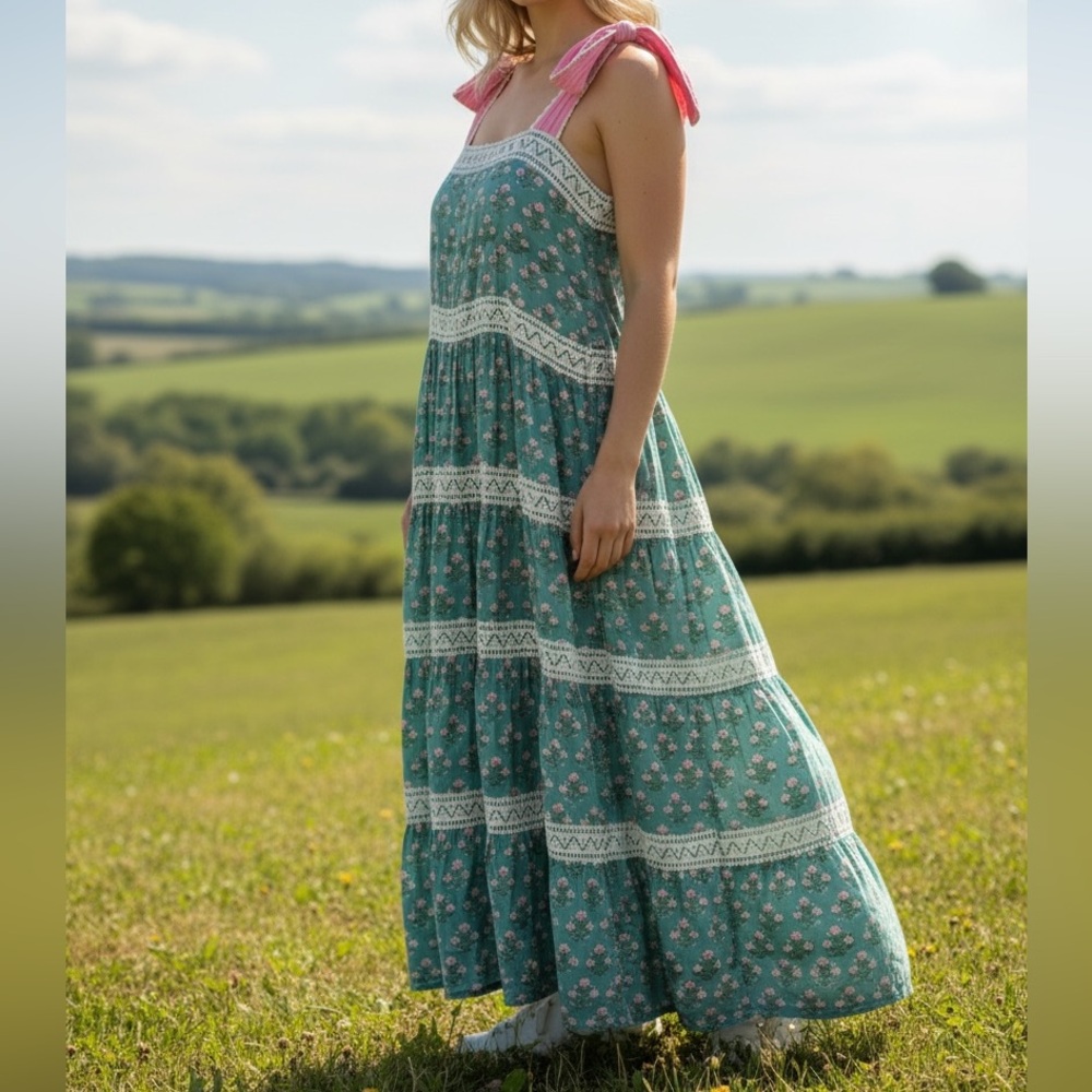 Darlington Isle 100% Cotton Maxi Dress Floral Lace Shoulder Ties Southern Charm